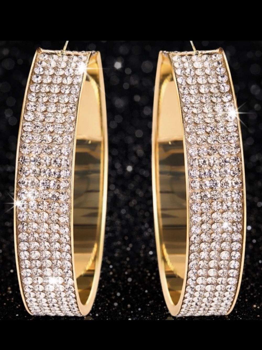 2.25" Long statement BLING Pave Set cz rhinestone Crystal Big Hoop Earrings Gold